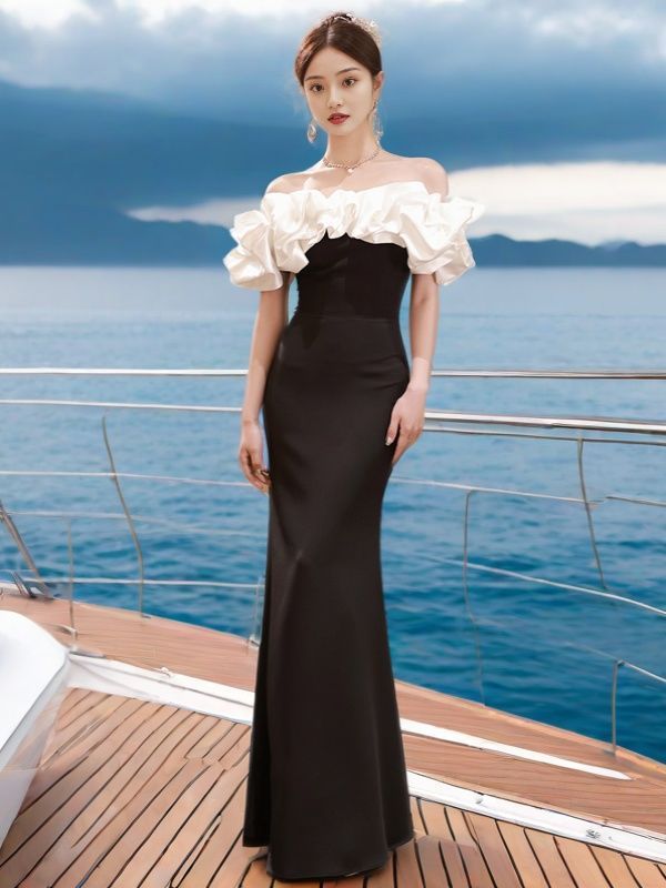 Elegant Black Evening Dress Annual Meeting Chorus Performance Host Dress Bridal Wedding Dress Toast Dress Slim-fit Slim Dress