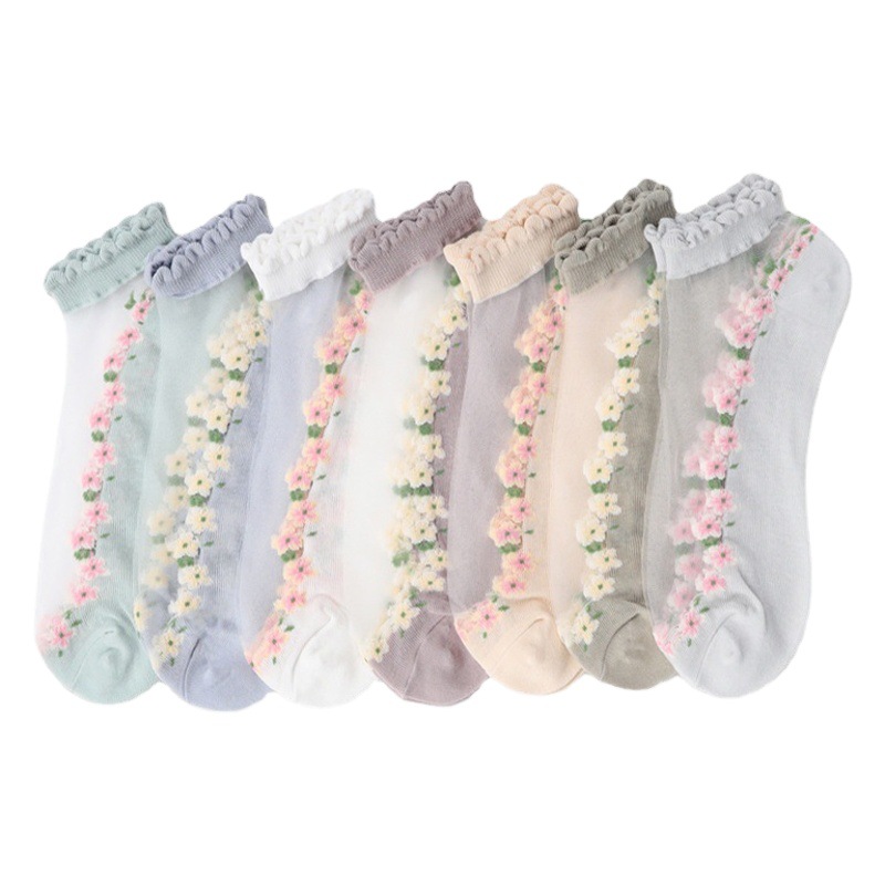 Picture of Floral Glass Silk Women's Summer Short Socks Japanese Style Cute Fresh Style ins Short Socks Cotton Bottom Sweat Absorbing Breathable Socks