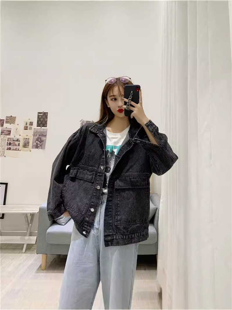 2025 Autumn and Winter Internet Celebrity New Retro Big Pocket Denim Jacket for Women Korean Style Bf Style Loose Mid-Length Jacket for Women