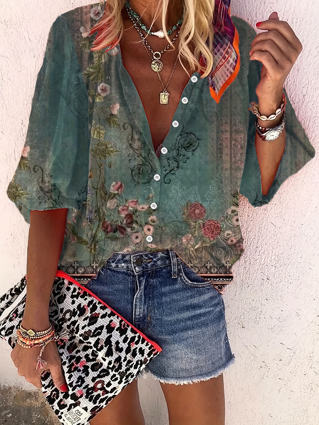 in stock wholesale independent station hot ladies shirt flower 3D digital printing street casual fashion V-neck open
