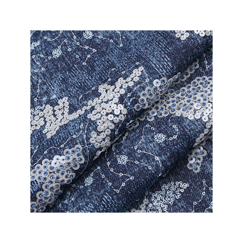 Picture of Washed Denim Sequin Embroidered Cloth Jumpsuit Skirt Shorts Fabric in stock Supply