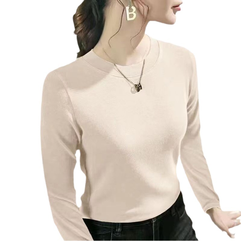 Cross-border wholesale new autumn and winter solid color thread velvet base slim slim warm round neck long sleeve top women