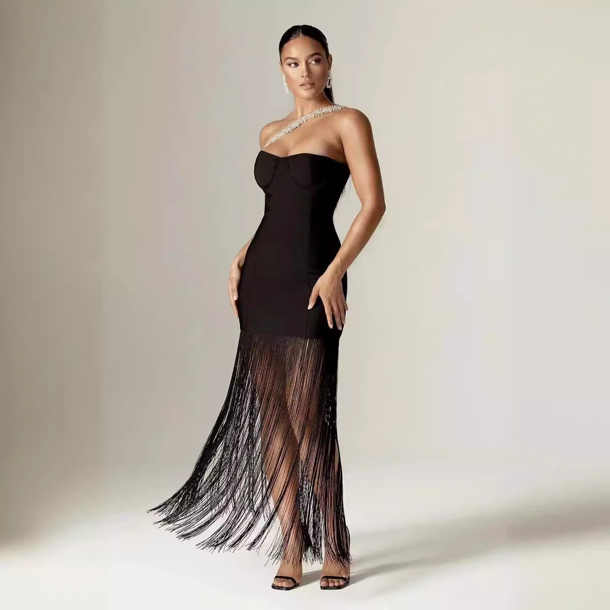 Foreign Trade Fashion Black Sleeveless Strapless Tight Tassel Long dress Party Dress 2024