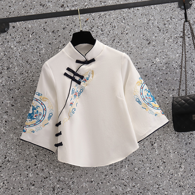 Picture of Chinese Style National Style Hanfu Modified Zen Tea Clothing Top Vintage Embroidered Deer Yao Buckle Top suit Summer Skirt