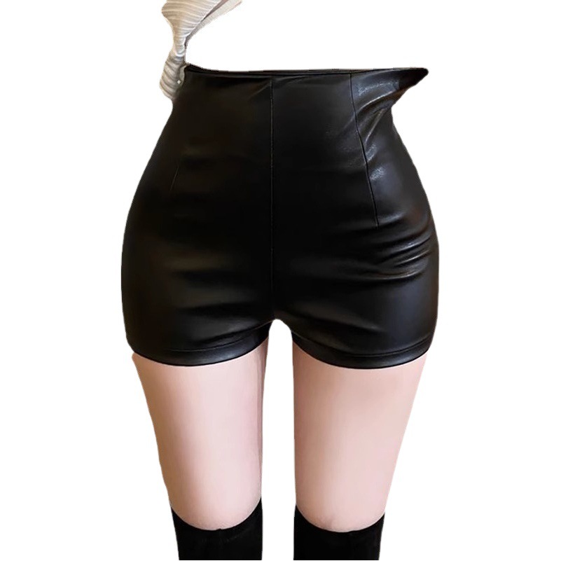 2024 new women's leather shorts high waist slimming PU leather sheath tight ultra short sexy hot pants all-match bottoming boot pants