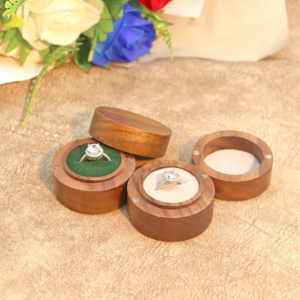 Picture of Jewelry Box Creative Solid Wooden Ring Box Jewelry Storage Box Round Fashion Wooden Black Walnut Gift Box