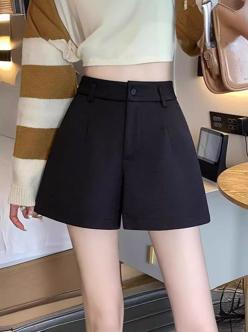 High Waist A- line Suit Shorts Women's 2024 New Summer Black Casual Short Wide Leg American Style Outer Wear Hot Pants