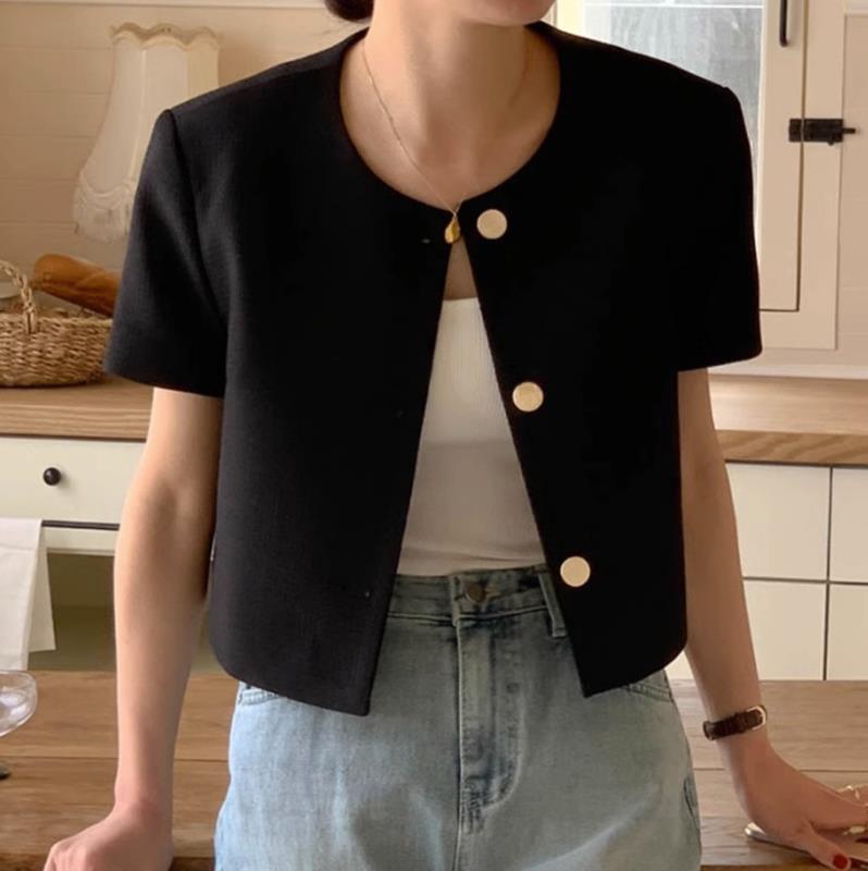 Picture of Korean Chic Summer Small Fragrant Style Round Neck Single-Breasted Casual Versatile Puff Sleeve Short Outwear Women's Small Shawl