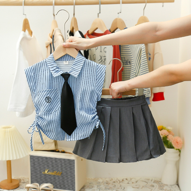 Girls' Summer Shirt Suit Foreign Trade New Summer Style Children's Vertical Shirt + Pleated Skirt Two-piece Set Fashionable