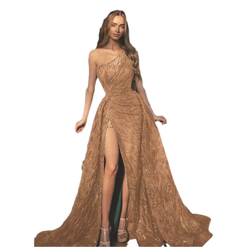 2025 Cross-Border Spring and Summer New European and American Clothing Slanted Shoulder Slit Long Skirt Toast Dress Sequined Suspender Evening Dress
