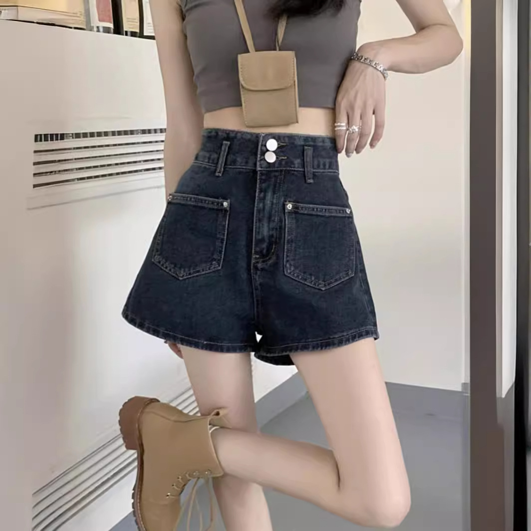 Pear-Shaped High-Waist Denim Shorts Women's Summer Thin plus size Belly-Covering Slimming A- Shaped Wide-Leg Hot Pants