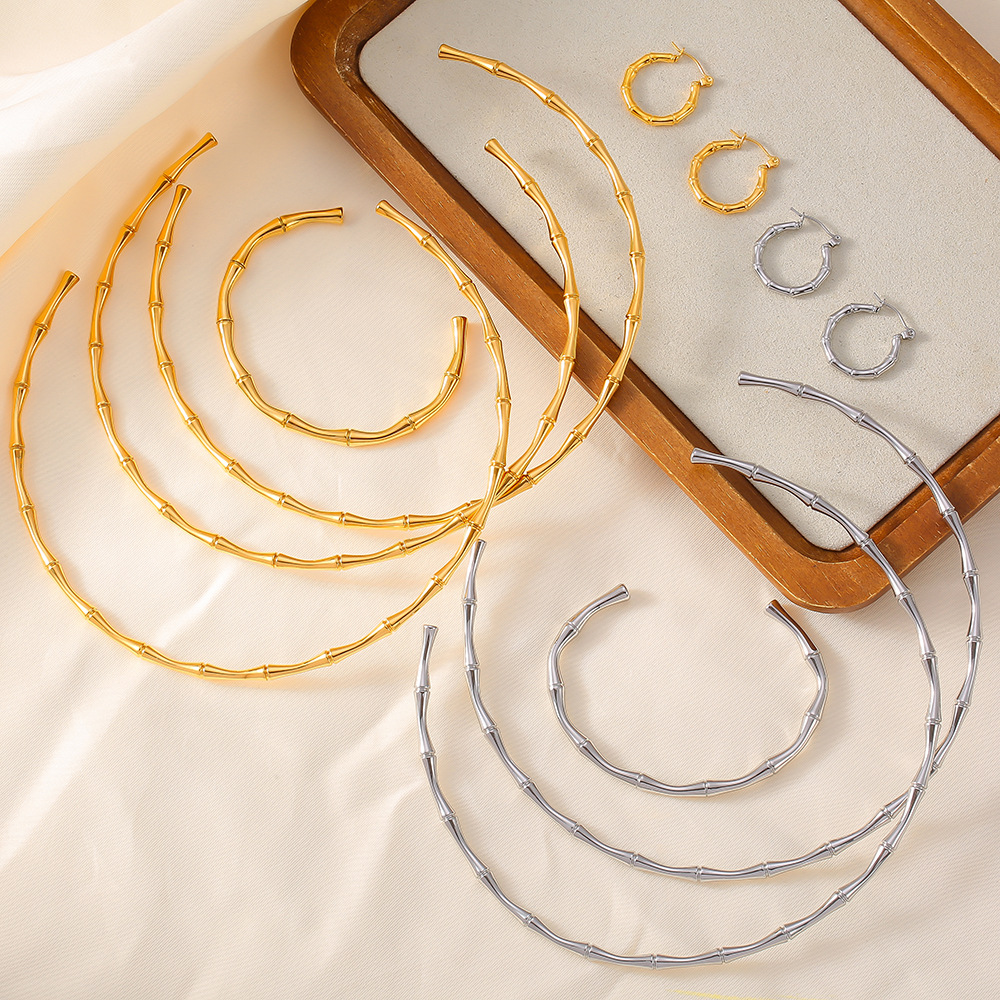 European and American Ins Personalized Simple Thin Bamboo Opening Necklace Bracelet Earrings Titanium Steel Plated 18K Gold All-match suit Combination
