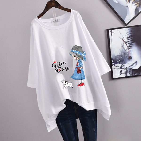Picture of 100kg Plus Size Women's Summer Leaf Print Casual Slit Mid-Length Short Sleeve T-Shirt Loose Oversized Style