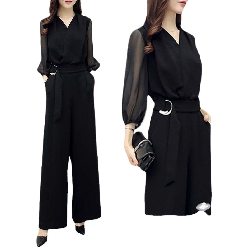 Picture of Spring and Summer New High Waist Chiffon Jumpsuit Black Cropped Sleeve Slim-fit Slimming Elegant Wide Leg Jumpsuit for Women