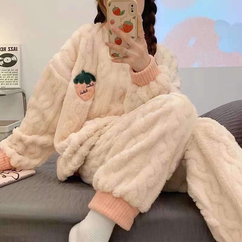 Coral fleece pajamas for women autumn and winter fleece-lined thickened warm Internet celebrity new suit plus size winter flannel home wear