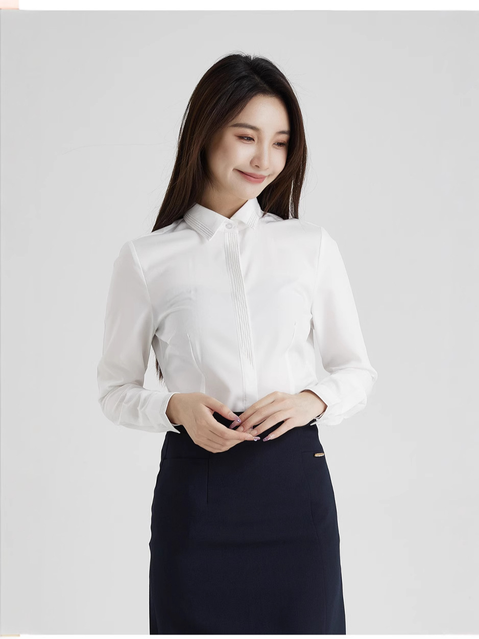 Picture of Elegant Commuter New Women's Long Sleeve Square Neck Single-Breasted Slim Fit Chiffon White Shirt