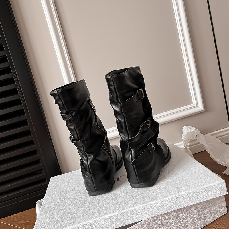 Picture of Belt Buckle Pleated Mid-Boots Women's Autumn and Winter Outer Wear Retro Punk Side Zipper trouser Boots Western Style Cowboy Boots