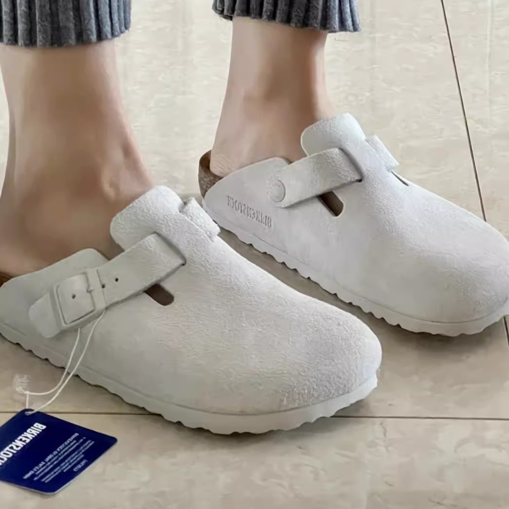 2025 Summer New White New Birkenstock Shoes Genuine Leather Comfortable Thick-Soled Cork Low-Heeled Cowhide Toe-Cap Half Slippers for Women