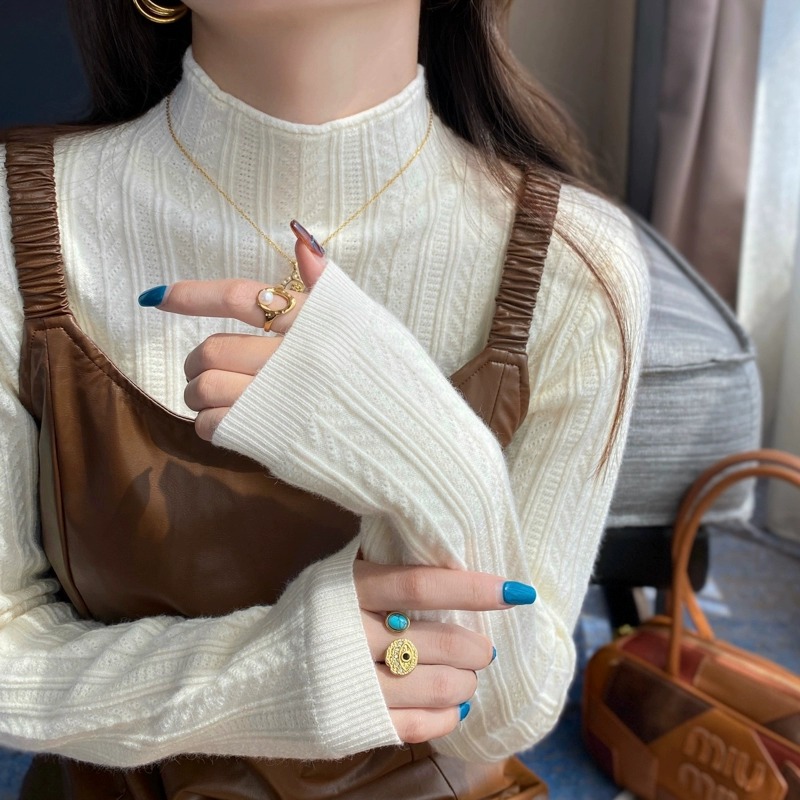 Apricot Half Turtleneck Bottoming Shirt for Women, Small Fragrant Style, Early Autumn New White Sweater, Autumn and Winter Knitted Top