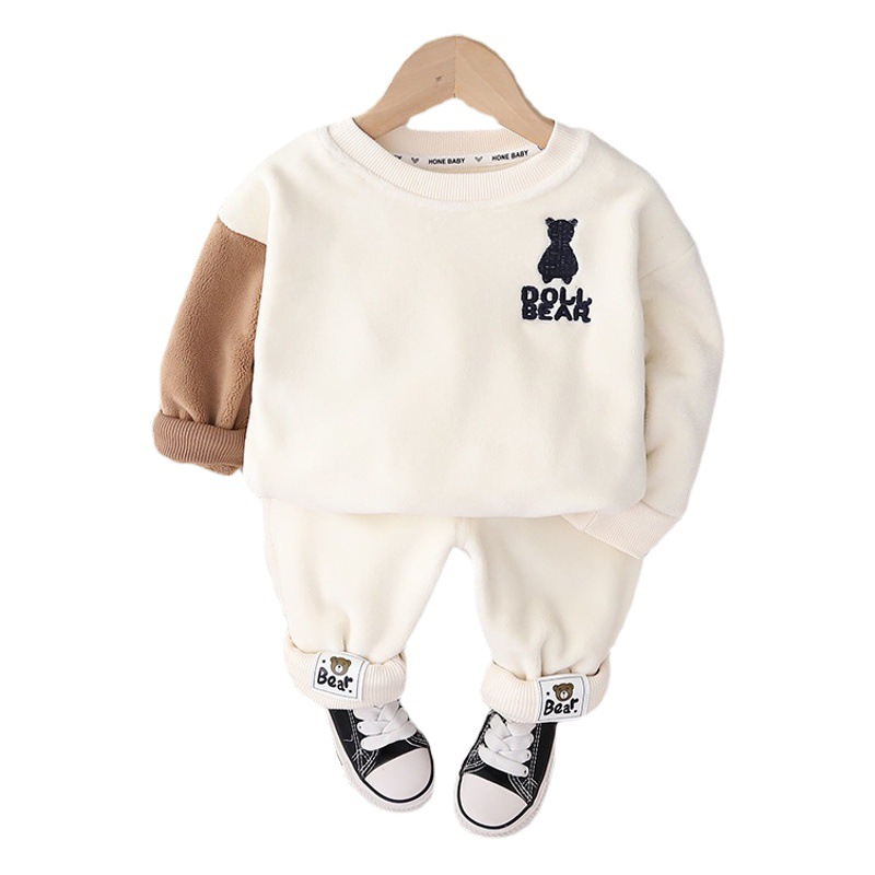 New cartoon bear head Children's sweater two-piece suit fashion trendy 2024 boys and girls autumn and winter thin velvet long sleeve suit