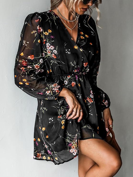Amazon Wish Cross-Border Best-Selling Dress V Neck Elegant Chiffon Printed Floral Spring See-Through Dress Versatile