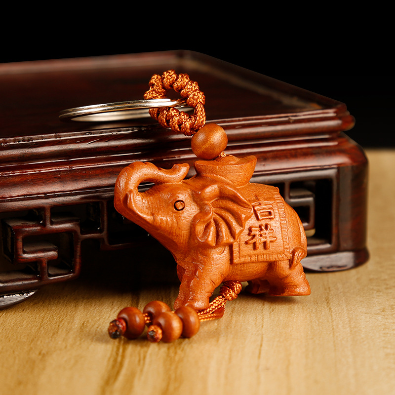 Ping An Elephant Jujube Wood Keychain Stereo Car Keychain Pendant Handle Wooden Cultural Play Craft Pendant