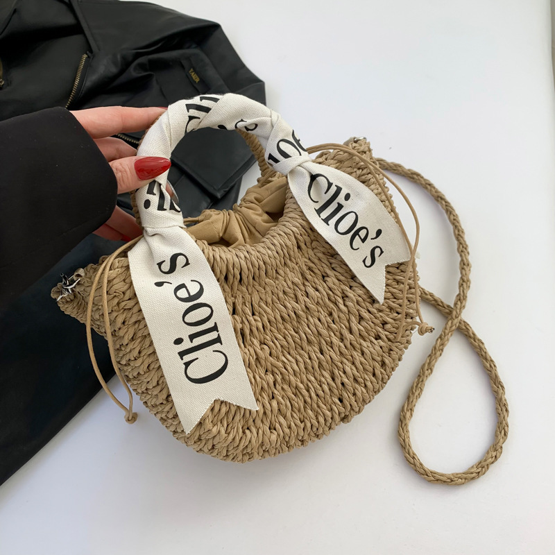 New Alphabet Silk Scarf Portable Crossbody Shoulder Bag Internet Celebrant Semi-round Handmade Woven Bag All-match Western Style Seaside Vacation
