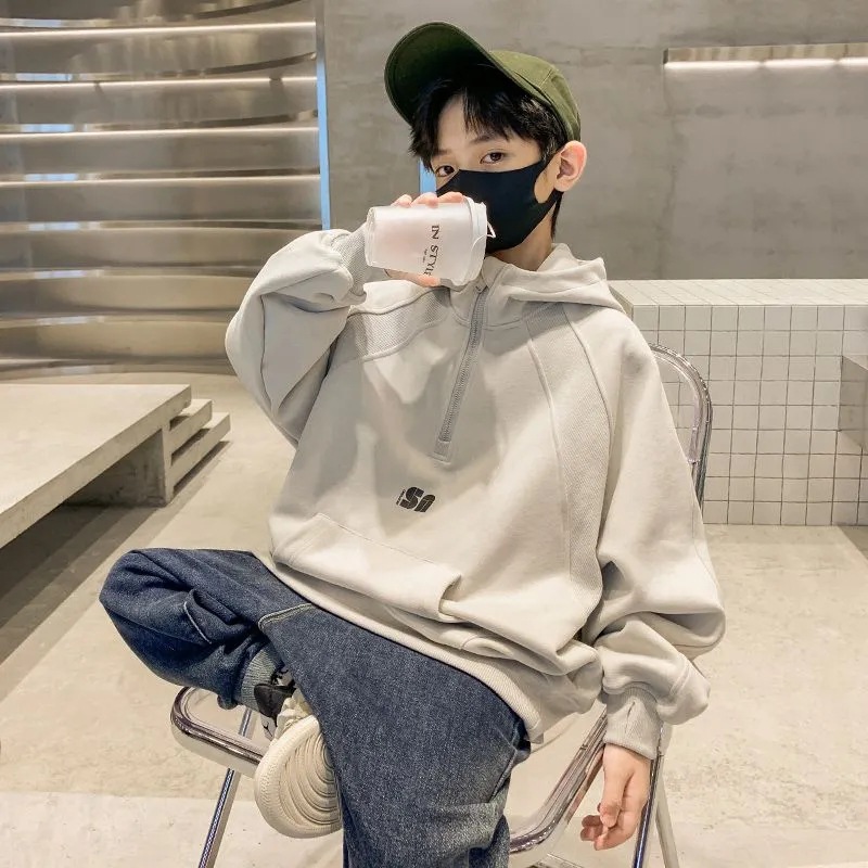 Boys' hooded sweater spring and autumn 2024 new children's fried street autumn and winter clothing plus velvet padded top large children's clothing