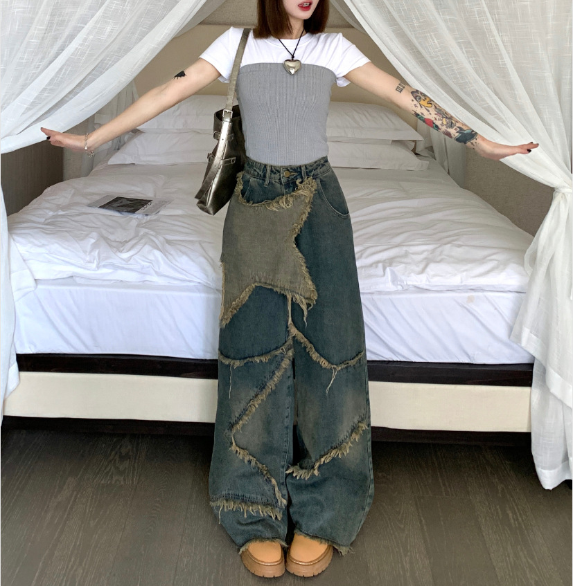 American Style Vintage Original Stitching Jeans Spice Girl's Old Raw Edge Stars Loose Straight Pants