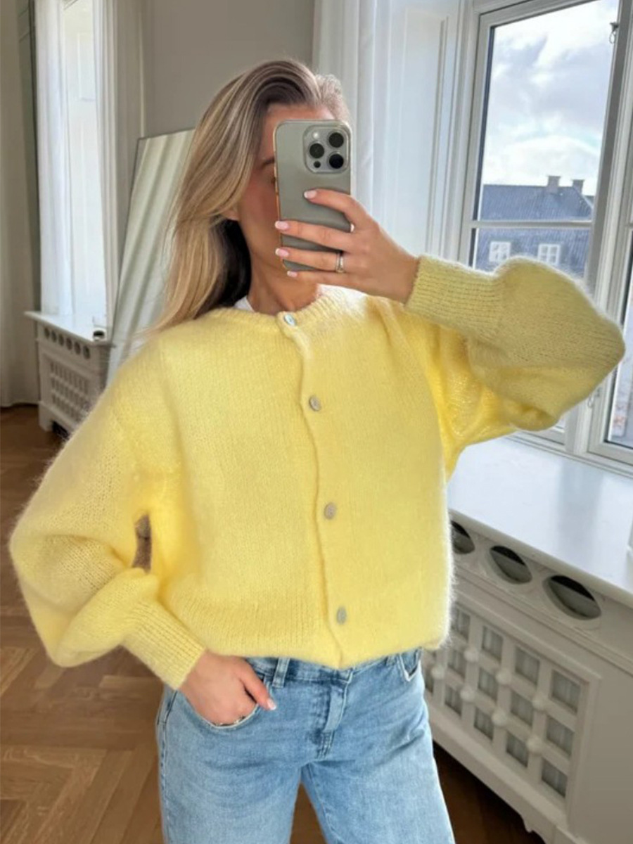 Picture of Candy-colored knit cardigan for women, European & American 2025 autumn/winter solid mohair cardigan, macaron-colored sweater for women