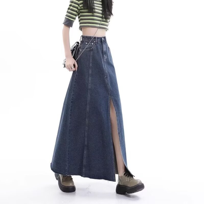 Vintage Split Denim Skirt Women's Summer Long High Waist Fur Edge Design Sense Niche A- line Hip Umbrella Skirt