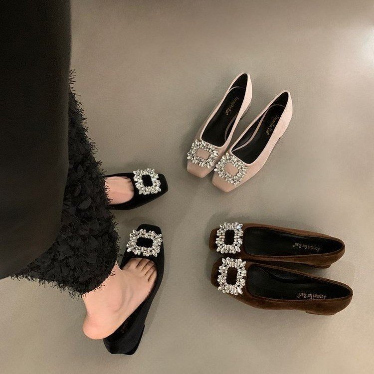 High-grade Rhinestone Shallow Mouth Shoes Women's Elegant 2024 Shallow Mouth Spring and Autumn New All-match Square-toe Flat Bean Shoes