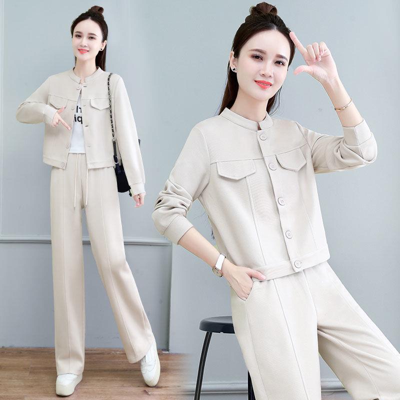 Fashion Casual Tooling suit Women's Spring and Autumn 2024 New European Crewneck High-end Jacket Wide Leg Pants Two-piece Set