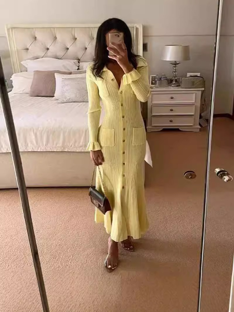 French Elegant Lapel Single-Breasted Long-Sleeved Dress 2025 European and American Cross-Border Fashionable Women's High-Waisted Dress