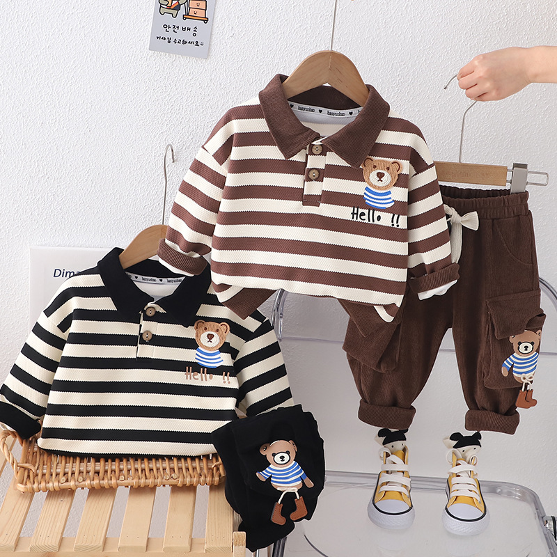 2024 New striped sweater lapel cotton casual trousers two-piece set Girls spring source Head Factory wholesale