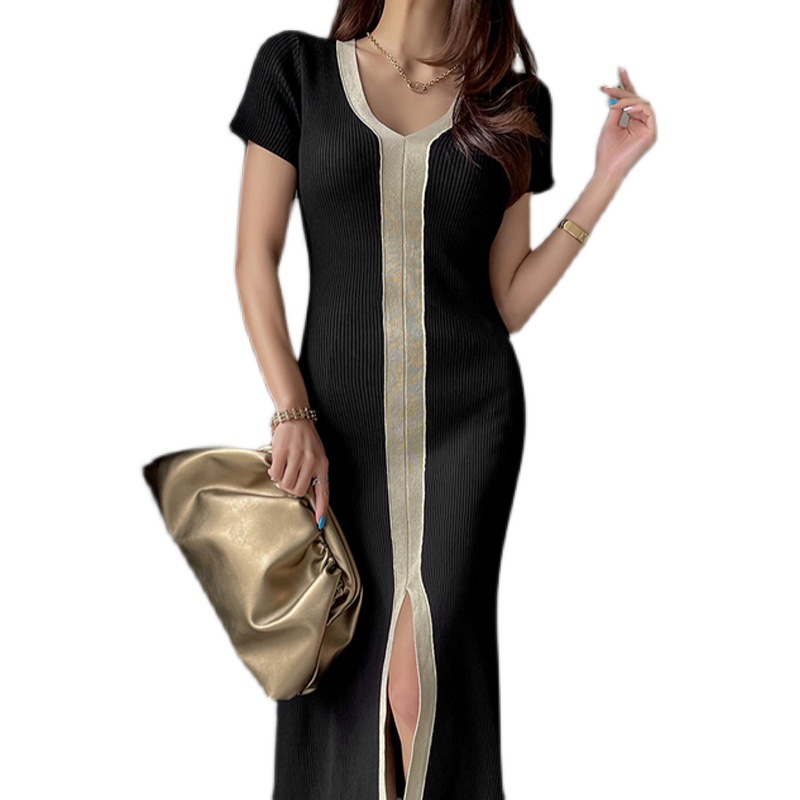 Picture of 2025 Summer Japanese Korean Women's V-neck Short Sleeve Stitching Contrast Color Sweater Dress Front Split Knitted dress 6187