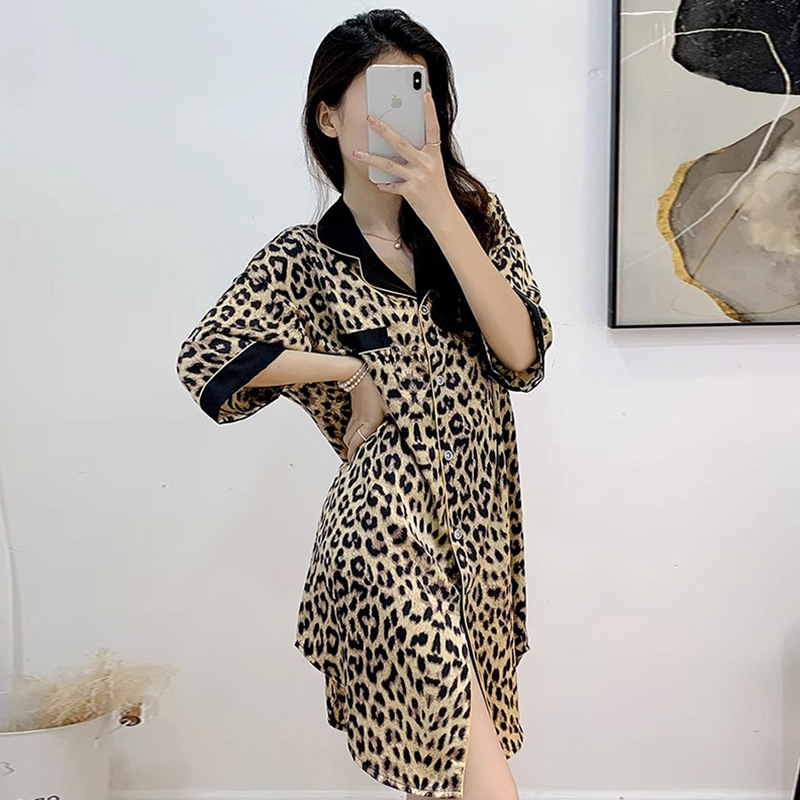 Picture of New Ice Silk Nightdress Women Summer Thin Leopard Print Loose plus size Shirt Dress Sexy Pajamas Women Home Clothes Wholesale