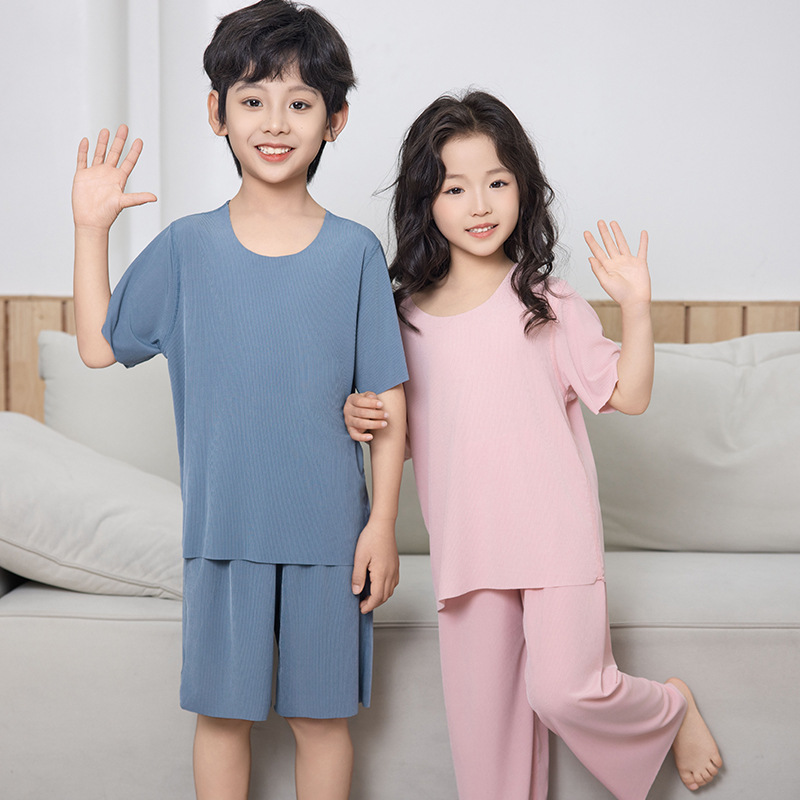 Picture of Children's Summer Ice Silk Home Clothes Pajamas suit Thin Round Neck Cool Short Sleeve Outer Wearing