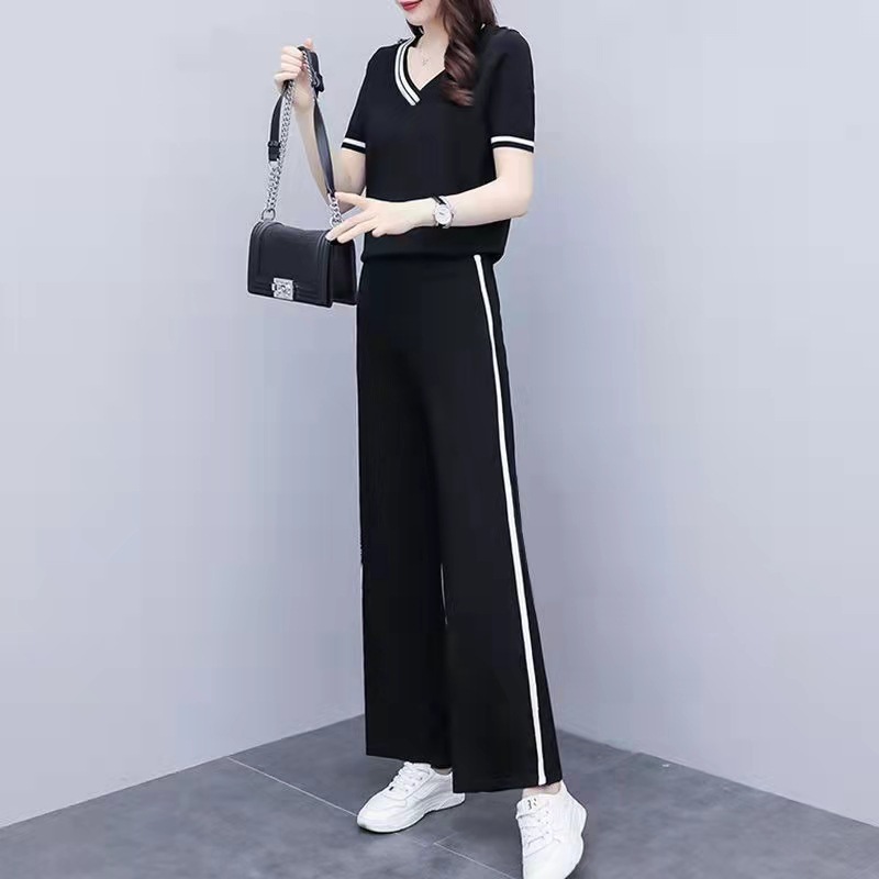 Summer New Casual Sports Suit for Women, Slim and Fashionable Wide-Leg Pants Two-Piece Set
