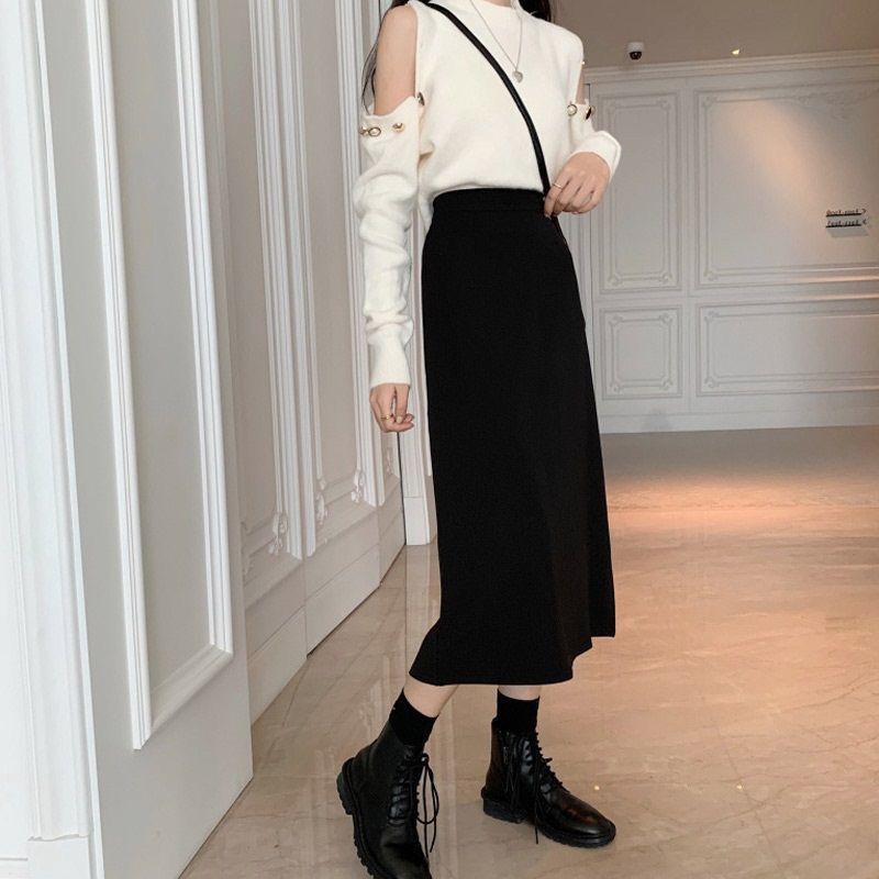 2022 Summer Suit Skirt for Chubby Girls Large Size Meat Covering New High Waist A- Line Skirt Mid-Length Rear Split One-Step Skirt