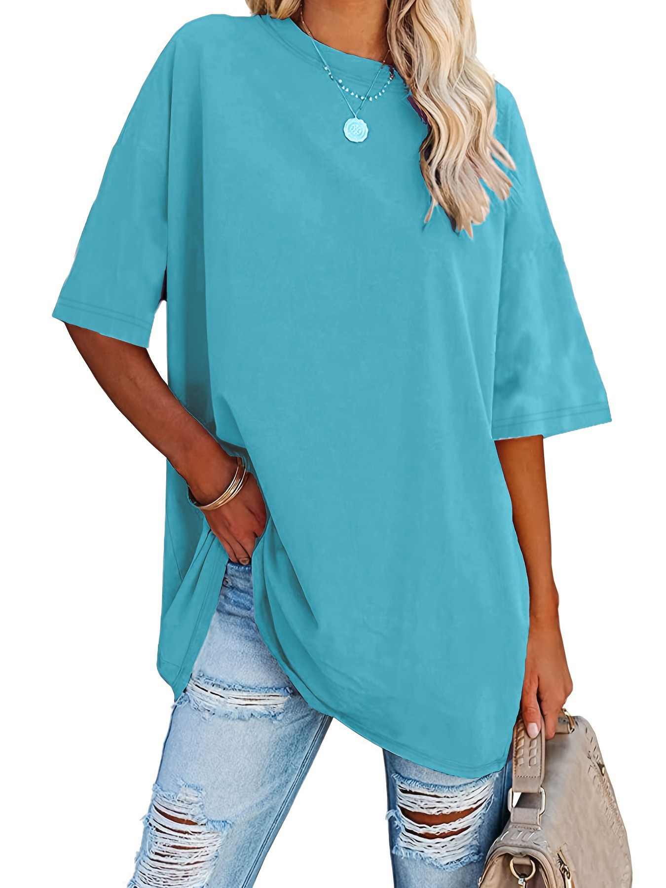 Europe and the United States cross-border foreign trade Amazon wish independent station 2024 summer new solid color loose short sleeve T-shirt in stock