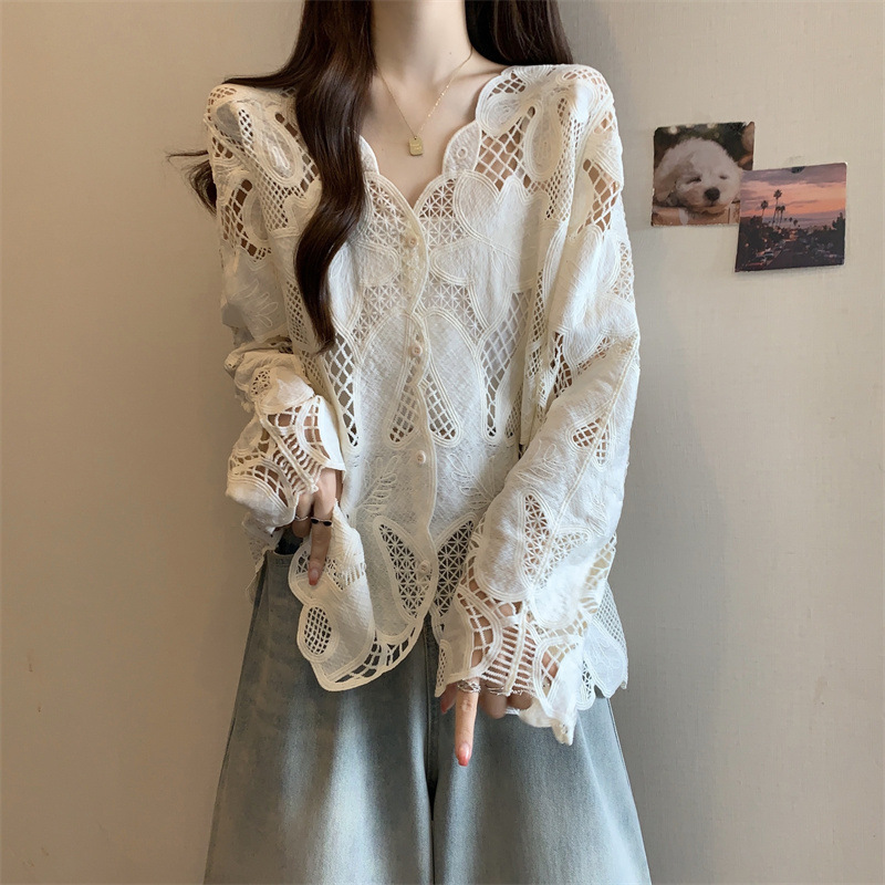 plus size Shirt Lace Embroidery Hollow Elegant 2025 Spring All-match Chic Design Sense Long Sleeve Top