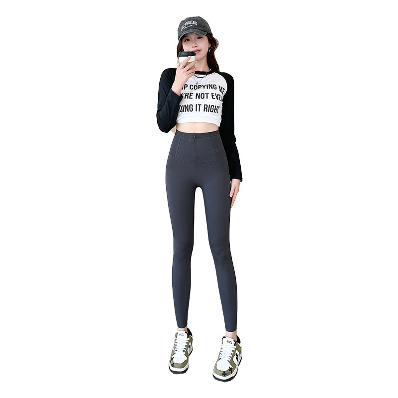 Picture of Zipper-Breasted Shark Pants Women's Spring and Autumn New Outfit Black Leggings High Waist Abdomen Shaping Barbie Pants Cropped