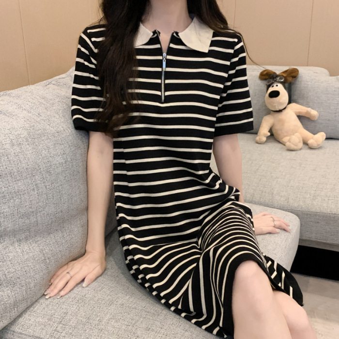 dress Women's Striped Polo Collar Ice Silk Knitted T-Shirt Summer Loose Slimming Casual Elegant Age-reducing Short Skirt