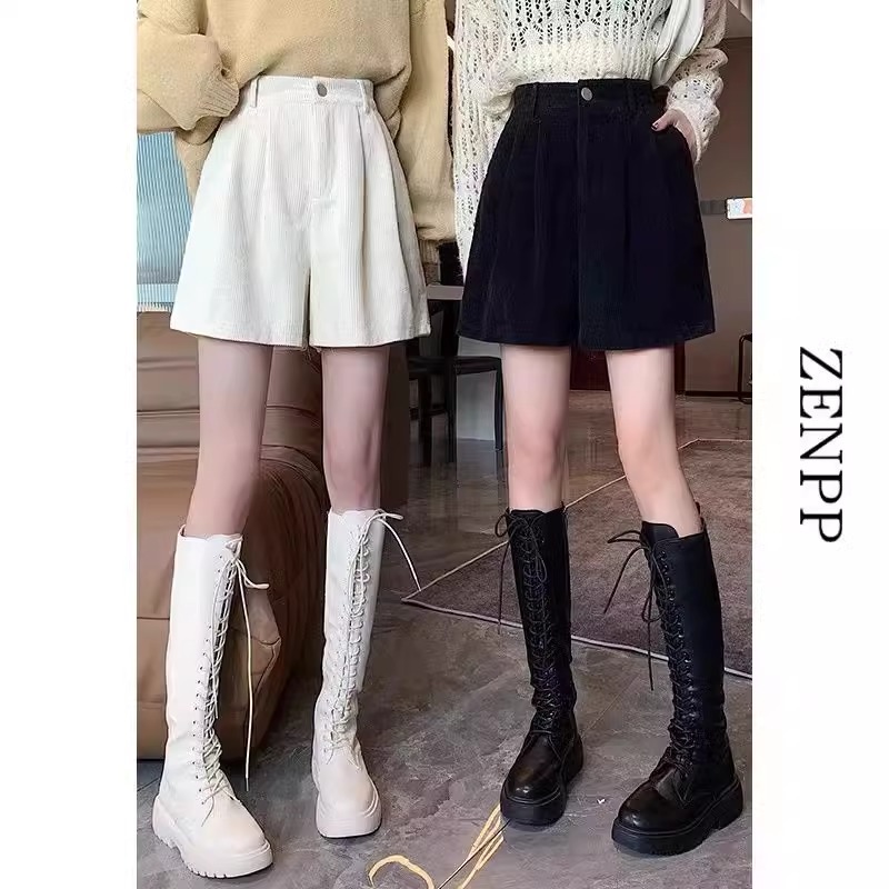 Corduroy A- Shorts Women's 2023 Autumn and Winter New Loose Slim Wide Leg Pants with Boots Outer Wear Casual Trendy Pants