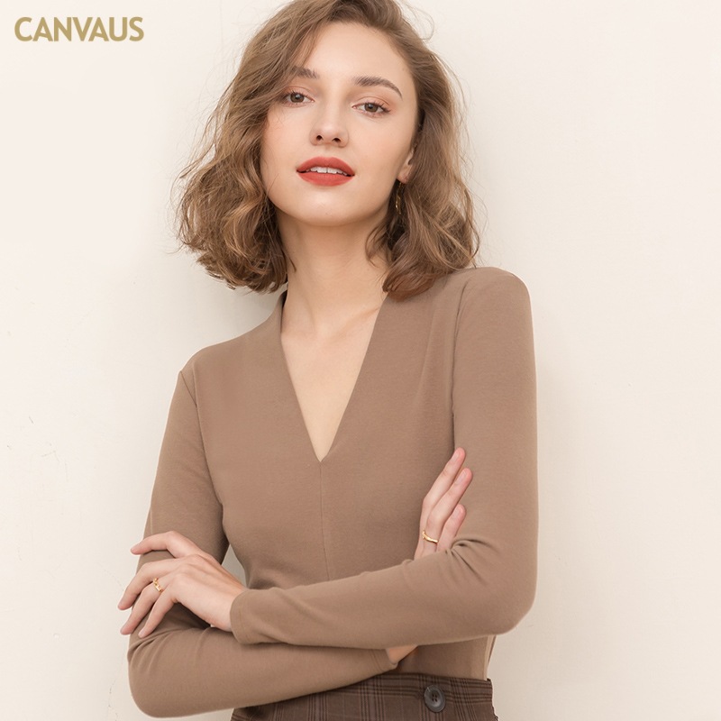 CANVAUS Women's Autumn and Winter New V-neck Long-sleeved Cotton Thin Velvet Solid Color Slim-fit Simple European and American Style Base Shirt Trendy
