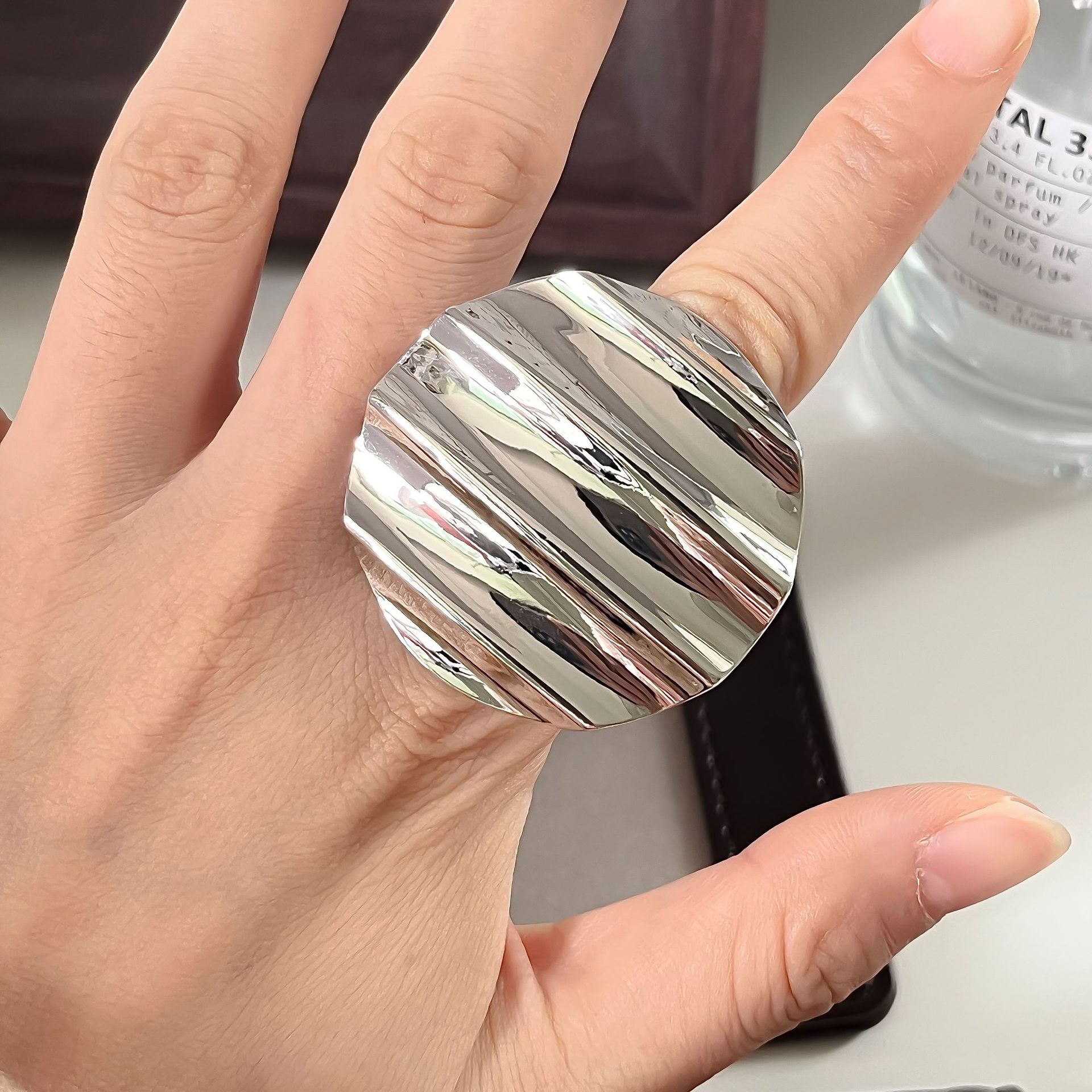 European and American Exaggerated Stripes Uneven Open Ring Brass Platinum Plated Ring Niche Design Sense Ring Super Color Preservation
