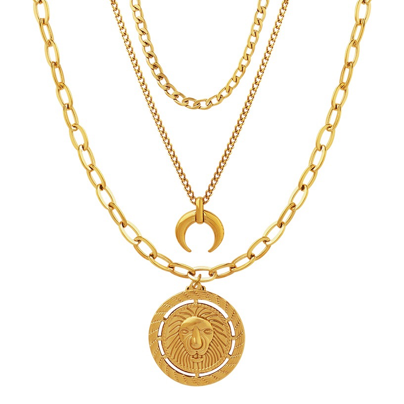 European and American Naked Chain Round Brand Lion Head Three Layer Stacked Moon Pendant Titanium Steel Necklace Clavicle Chain Jewelry for Men and Women