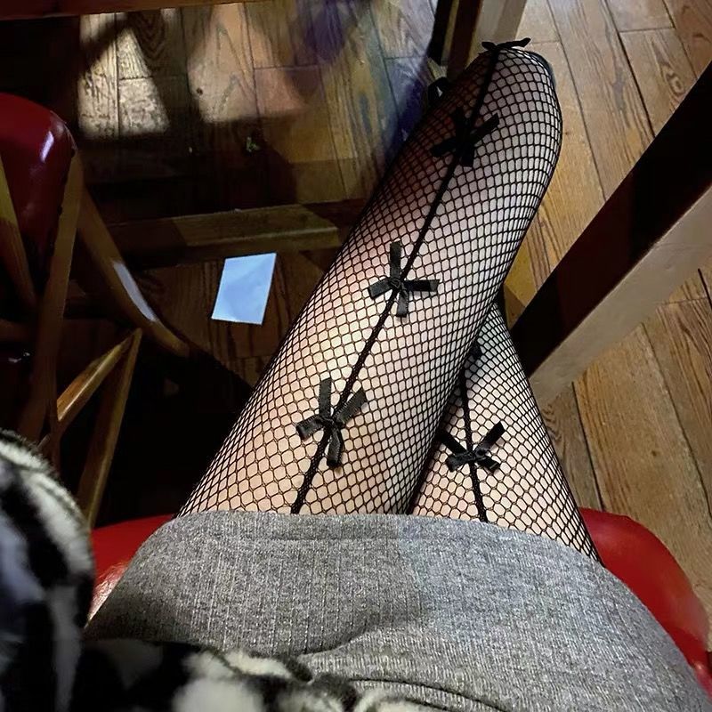 White bow fishnet socks women's thin hot girl jk pantyhose hollow bow one-body black net socks