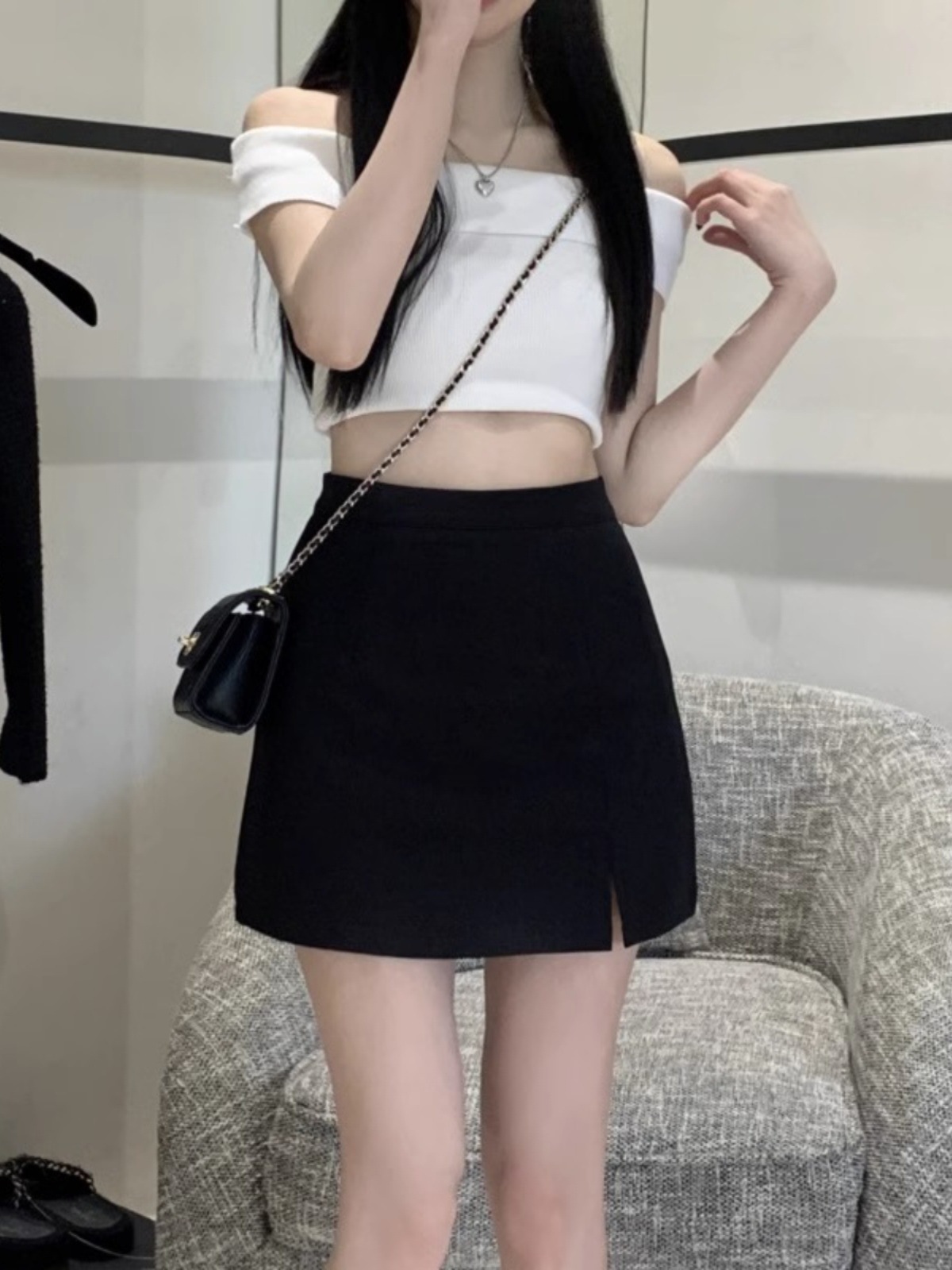 Women's Skirt Summer 2024 New Slimming Split Light Cooked Hip Skirt High Waist A- Line Black Step Skirt